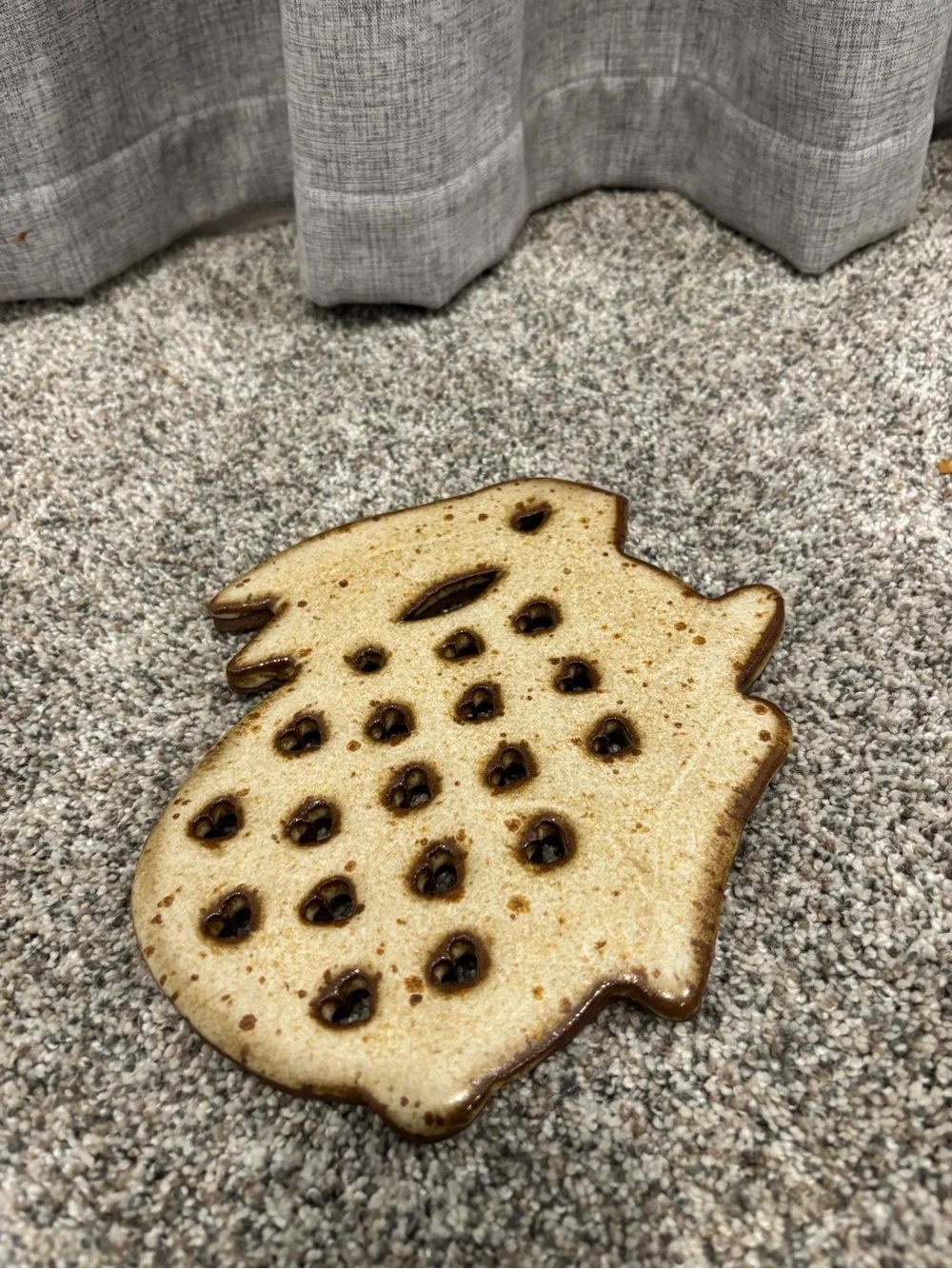 Vintage Stoneware Rabbit Trivet w/Speckled Glaze & Cut-Out Heart Shapes